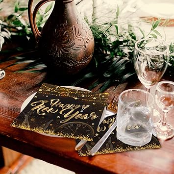 New Years Eve Napkins-40pcs Happy New Year Decoration 2025 Set happy new year napkins Black and Gold Paper Napkins for 2025 New Year Party Supplies