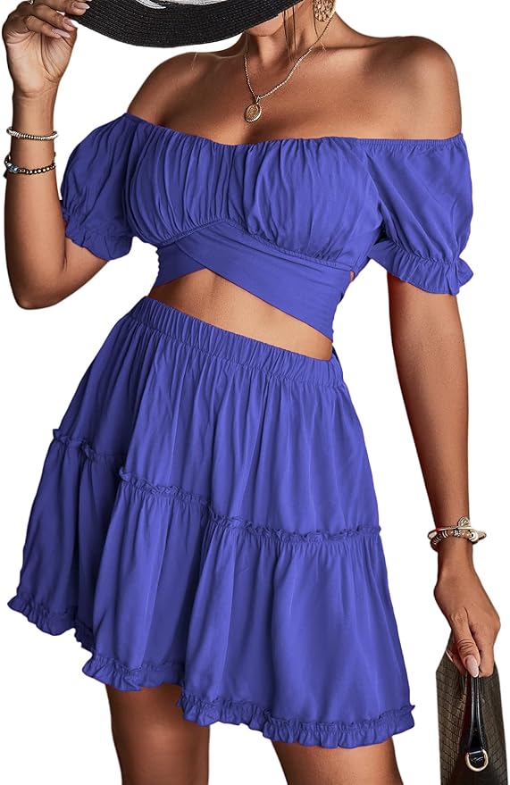 LYANER Women's 2 Piece Outfits Floral Off Shoulder Tie Up Crop Top and Mini Skirt Set