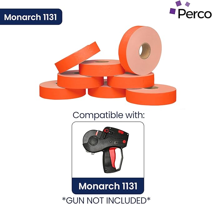 Perco Fluorescent Red Pricing Labels for Monarch 1131 Price Gun – 3 Sleeves, 24 Rolls Value Pack - 60,000 Price Marking Labels – with Ink Rolls Included