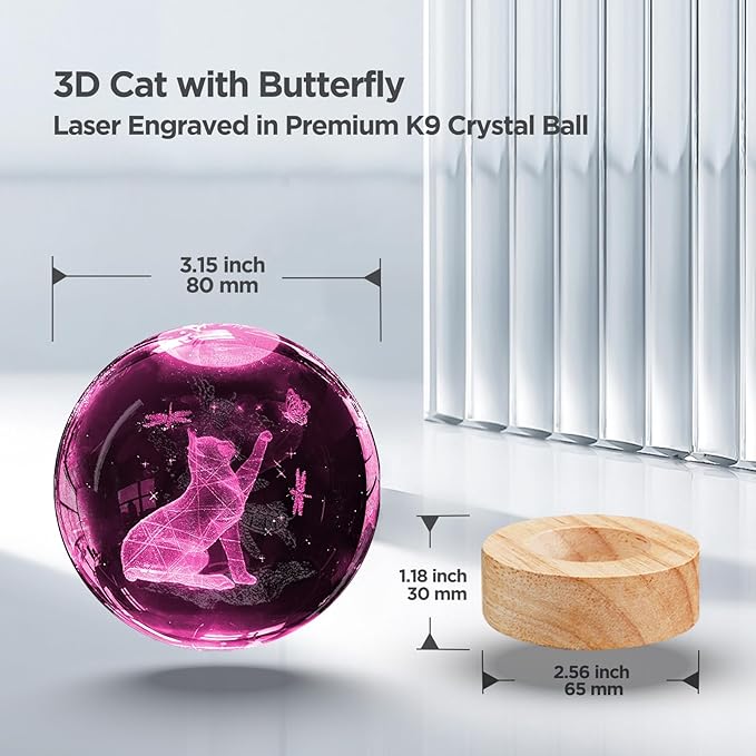 Crystal Ball Night Light Cat Lamp, 3.15 Inch Cat Figurines with 16 Color Wooden LED Base, Birthday