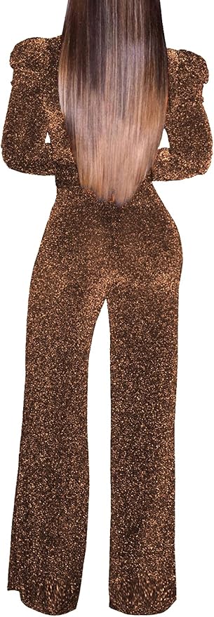 Women's Sparkly Jumpsuits Sexy Long Sleeve Cocktail Elegant Mock Neck Bodycon Straight Long Pants Rompers with Pockets