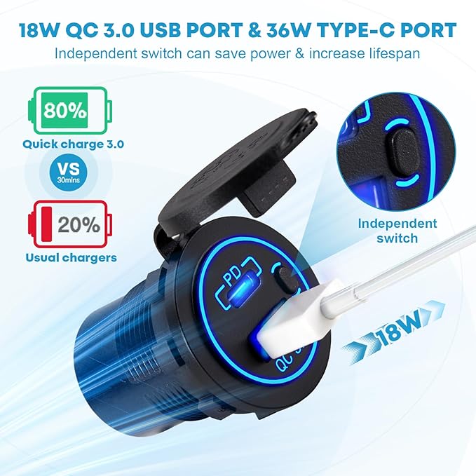 Upgraded Kohree 12V USB Outlet with Individual Switch, 4 in 1 USB C Marine Socket Panel Waterproof Rocker Toggle Switches with QC3.0 USB & Type C PD Port, Cigarette Lighter Socket for RV Marine Boat