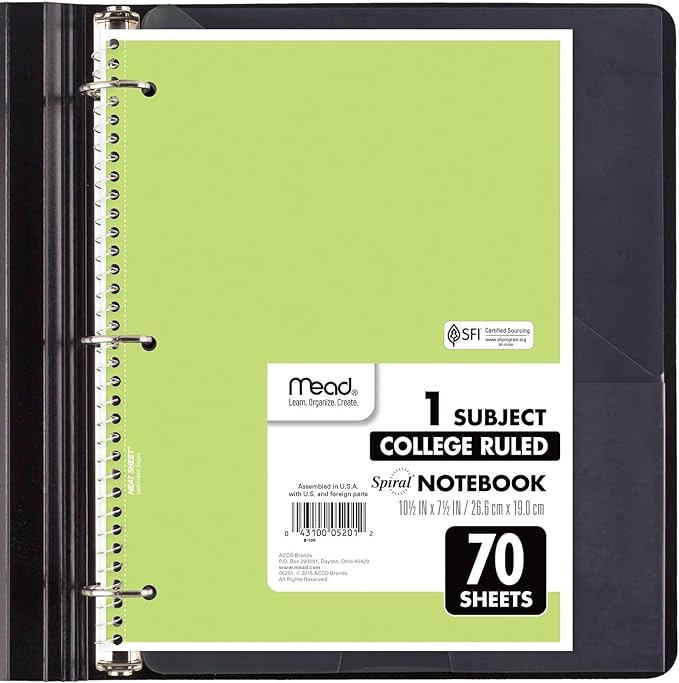Mead Spiral Notebooks, 6 Pack, 1-Subject, College Ruled Paper, 8" x 10-12", 70 Sheets, Assorted Pastel Colors (830049)