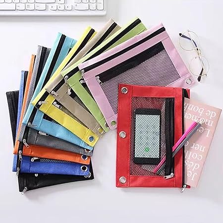 Pencil Pouch for 3 Ring Binder, Binder Pencil Case with Smooth Zipper, Clear Window Pencil Case for Binder, Big Capacity 3 Ring Binder Pencil Bag with 3 Reinforced Grommets Red