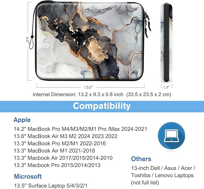 FINPAC Hard Laptop Sleeve Case for 13 inch MacBook Air M3 M2 M1 2024, 14 inch MacBook Pro M4M3M2M1 A2918 A2992 A2779 A2442, Waterproof Case for Dell, Surface Laptop, HP, Acer, Cloudy Marble