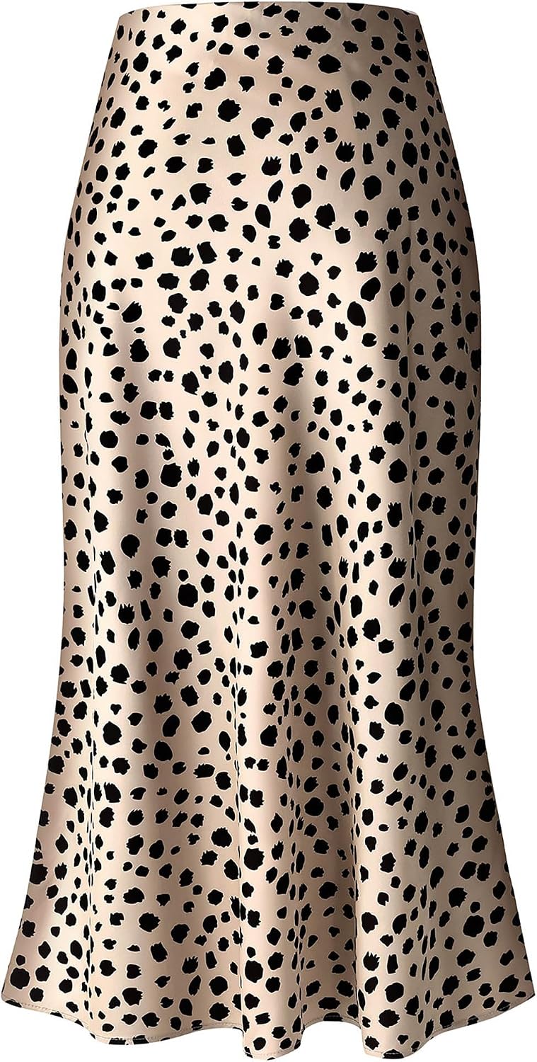 Keasmto Leopard Print Skirt for Women Cheetah High Waist Silk Satin Elasticized Skirt