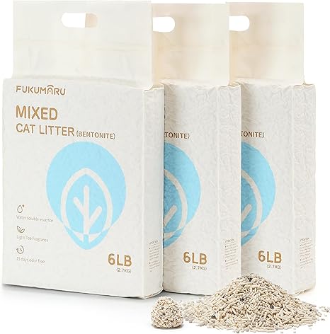 FUKUMARU Tofu Cat Litter, Strong Clumping Cat Litter Pellets, Effective Oder Control, Ultra Absorbent, Dust Free, Natural, Flushable, Lightweight, Low Tracking, White Tea, 6lb x 3 Bags