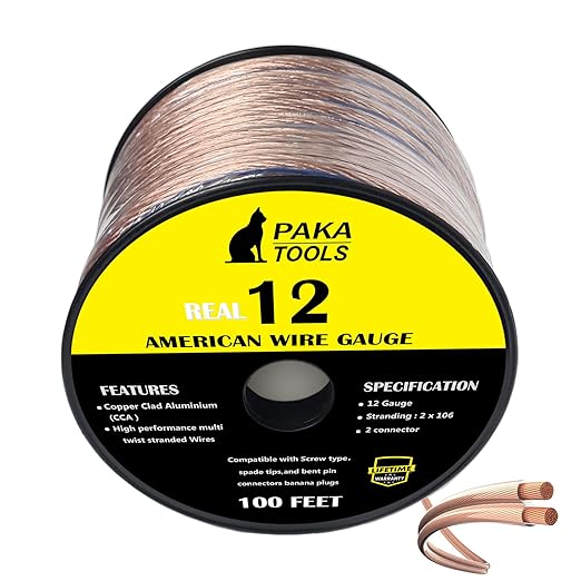 PAKA TOOLS High Performance Speaker Wire Copper Clad Aluminum (CCA) Speaker Cable 100 FT Spool Ideal Home Cinema Speaker Wire Cable and Car Audio Speaker CablesSpeaker Wires (12 Gauge 100 FEET)