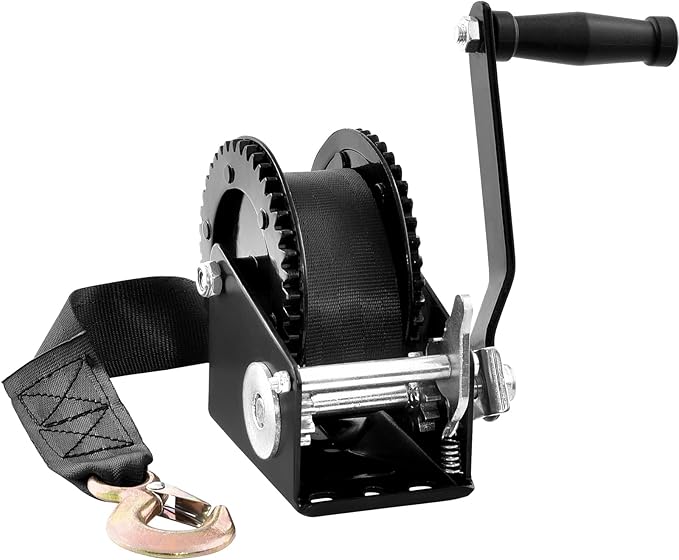 VEVOR Hand Winch, 2000 lbs Pulling Capacity, Boat Trailer Winch Heavy Duty Rope Crank with 23 ft Polyester Strap and Two-Way Ratchet, Manual Operated Hand Crank Winch for Trailer, Boat or ATV Towing