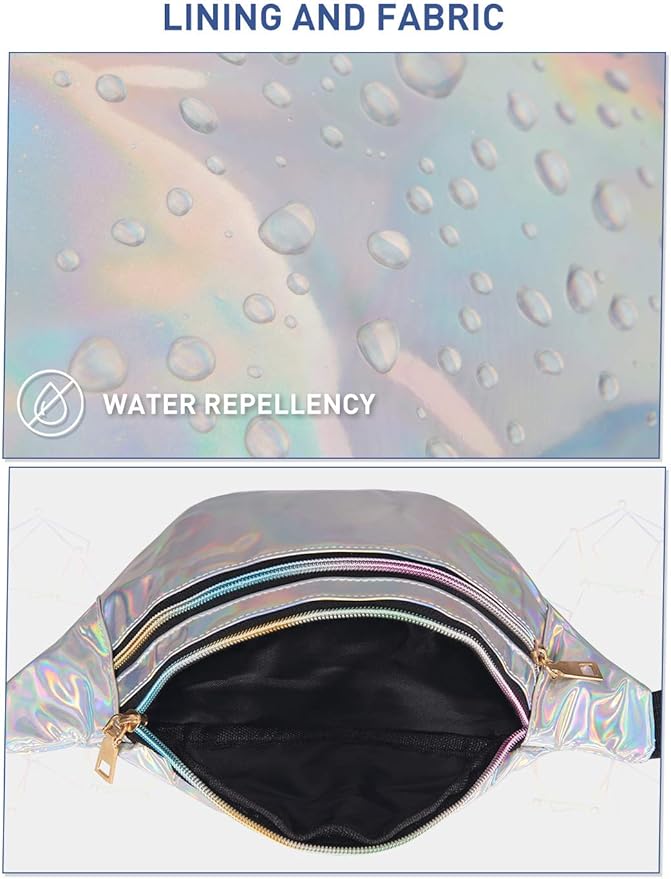 LIVACASA Holographic Fanny Packs for Women Cute Waist Packs Shiny Waist Bum Bag Waterproof for Travel Party Festival Running Hiking All Silver 50+ bought in past month