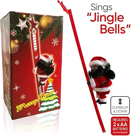 Black Santa Claus Climbing Ladder to Christmas Tree, African American Santa Christmas Decoration with Music Lights, Include Instructions for Tree Hanging Ornament, Xmas Gift