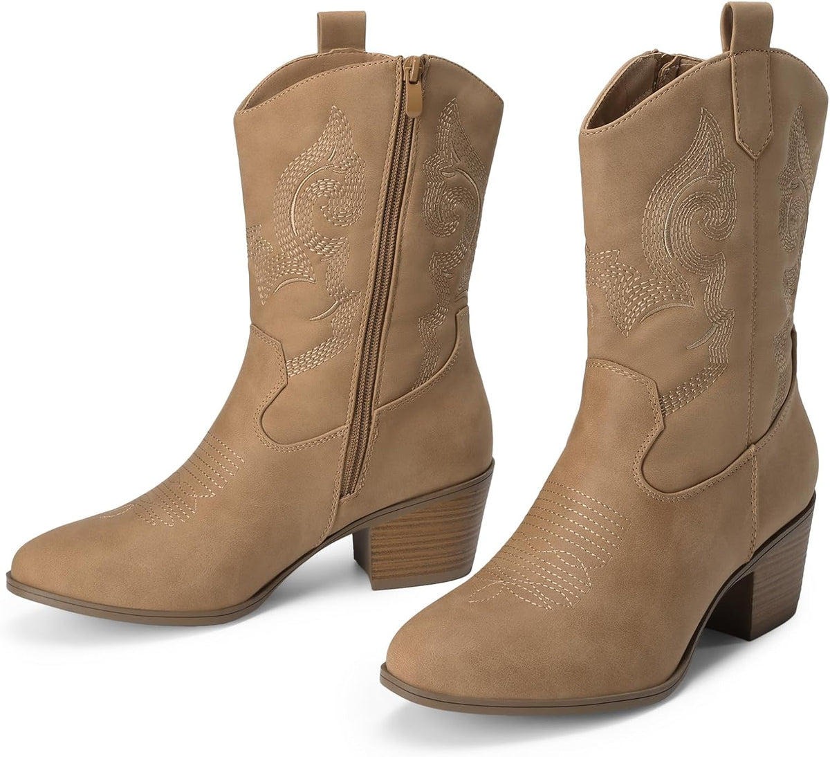 Cowboy Boots for Women, Mid Calf Cowgirl Boots with Embroidery Round Toe Western Chunky Low Heel Shoes