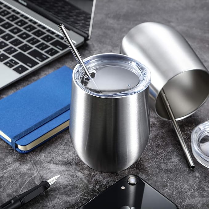 12 oz Stainless Steel Wine Tumbler Stemless Glasses with Lid, Double Wall Insulated Travel Mug Perfect for Wine, Coffee, Drinks, Champagne, Cocktails (Stainless Steel)