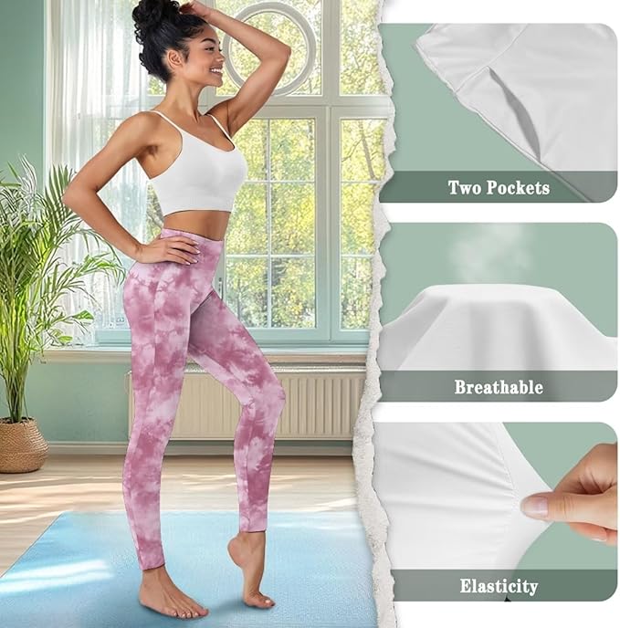 Leggings with Pockets for Women Tummy Control Workout Pants Tie Dye Leggings High Waisted Yoga Pant Gym Trousers
