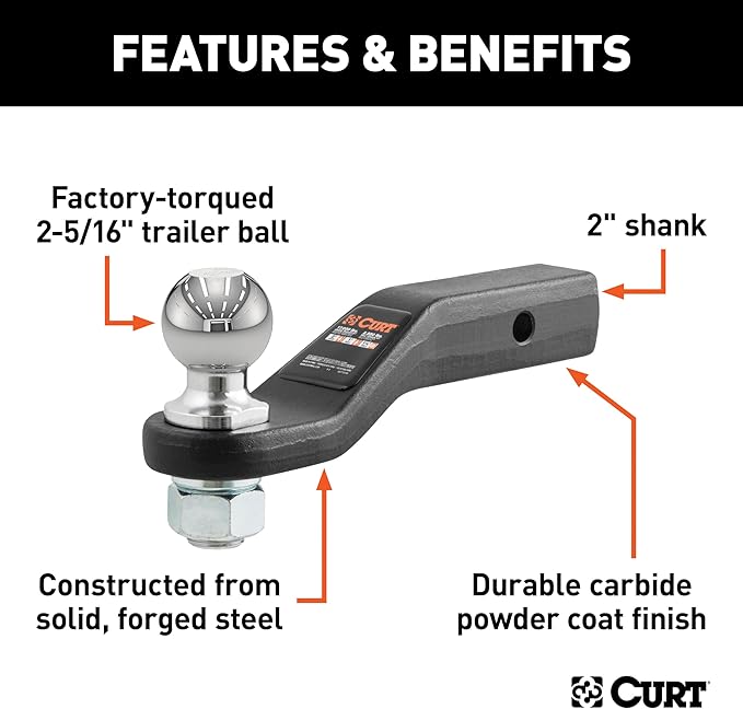 CURT 45331 Trailer Hitch Mount with 2-5/16-Inch Ball, Fits 2-Inch Receiver, 15,000 lbs, 2-In Drop