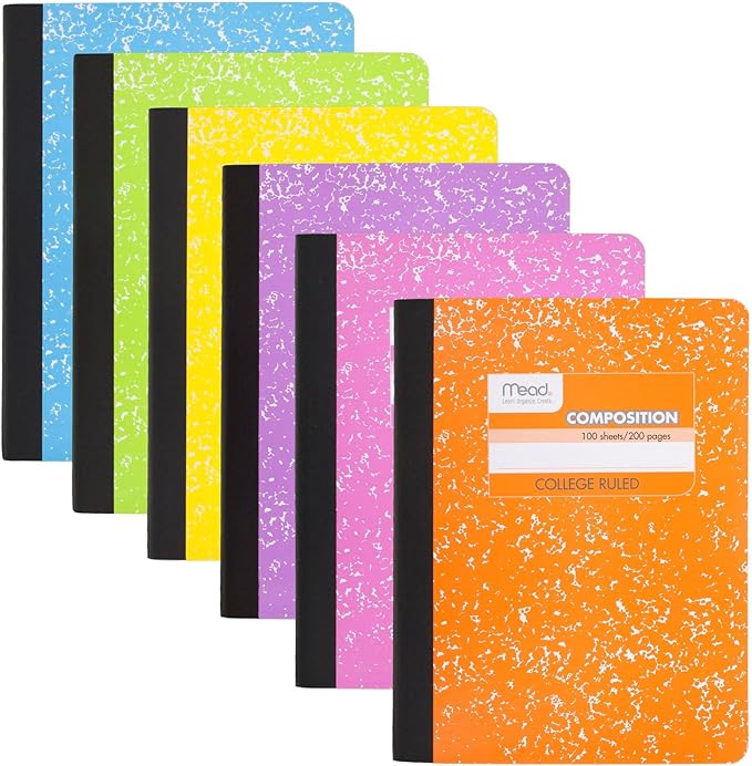 Mead Composition Notebook, 6 Pack, College Ruled Paper, 7-12" x 9-34", 100 Sheets per Comp Book, Assorted Colors (850106-ECM)