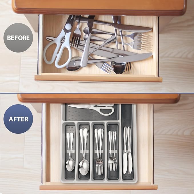 Silverware Organizer with Cutlery Icons,Silverware Tray for Kitchen Drawer,Plastic Flatware Tableware Cultery Drawer Organizer Utensil Organizer with Non-slip TPR Linings,6-Compartment