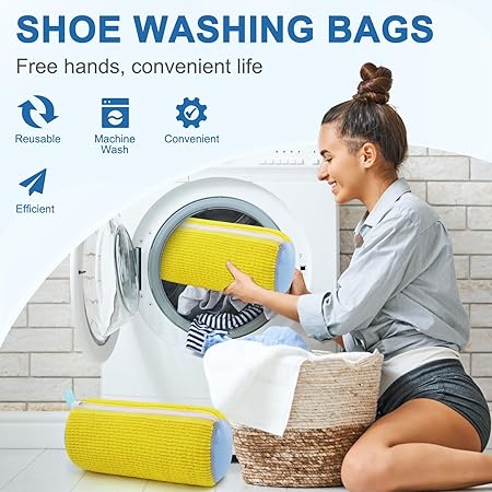 Shoe Washing Machine Bag, Invisible Zipper Side Opening Shoe Washing Bag for Washer and Dryer, Shoe Laundry Bags for Sneakers, Reusable Shoe Cleaning Bag for All Shoe Sizes (Yellow 1pc)