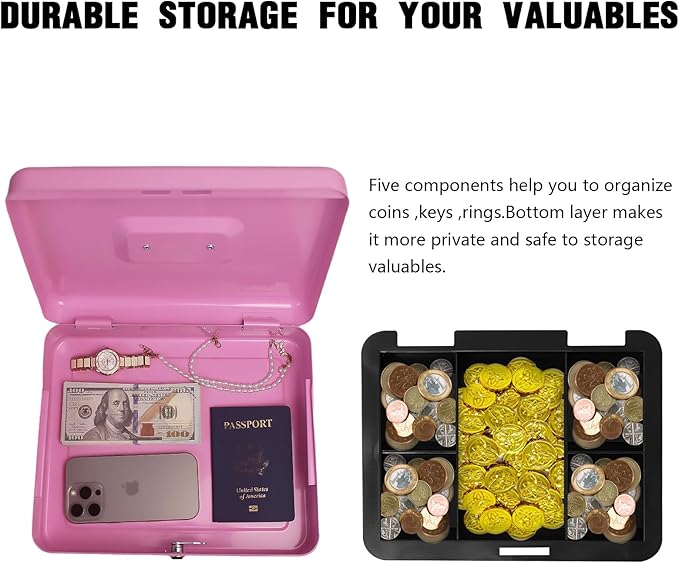 Steel Cash Box with Key Lock, Metal Small Money Organizer with Money Tray,Cash Storage Box with Lockable Cover (Pink - 11.8" x 9.4" x 3.5")