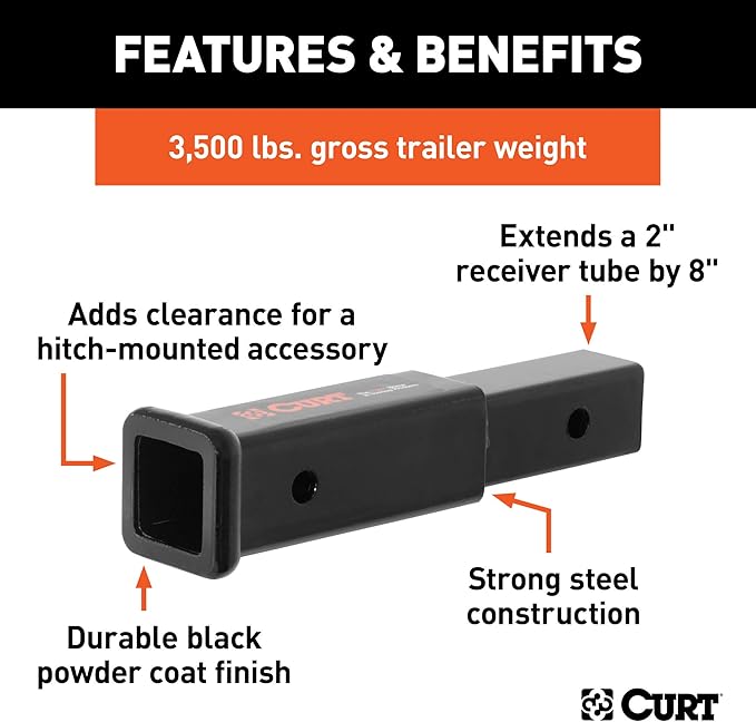 CURT 45791 8-Inch Long Trailer Hitch Extension with Solid Shank for 2-Inch Receiver, 3,500 lbs
