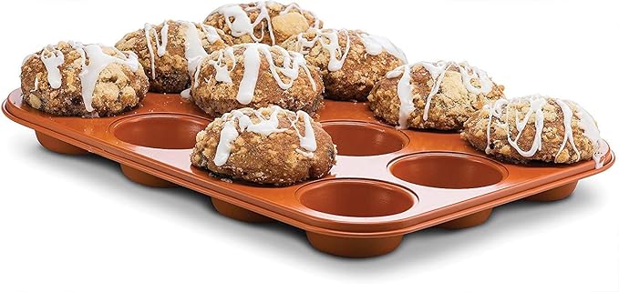 Non Stick Ceramic Coated Copper Muffin Pan 12 Cups Professional Healthy cupcake pans Even Baking, Dishwasher and Oven Safe