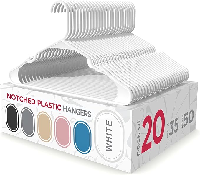 Sharpty - Plastic Hangers - Adult Clothes Hangers - T-Shirt, Dress, Coat Hangers Accessories - Notched Hanger, Durable Versatile Color Clothing Closet Hanger(20-Pack,White)