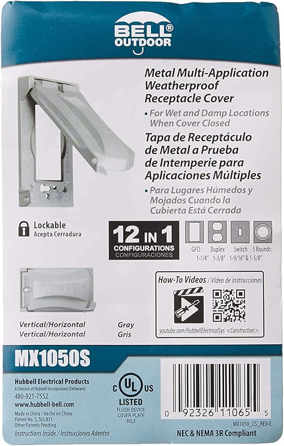Hubbell Bell MX1050S Single-Gang Weatherproof Heavy Duty Universal Flip Cover Gray Finish (!!"" 0 1 - Gray)