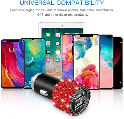 OTOSTAR Dual USB Car Charger, 4.8A Output, Bling Crystal Diamond Car Decorations Accessories Fast Charging Adapter for iPhones Android iOS, Samsung Galaxy, LG, Nexus, HTC (Red)