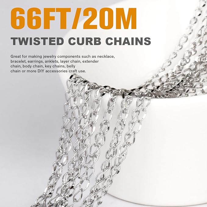 66 Feet Stainless Steel Twisted Link Chains Chains Roll, 2.7mm Width 304 Stainless Steel Flat Twisted Cable Link Chain Bulk Spool for Jewelry Making DIY Craft