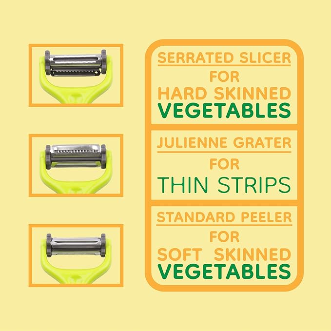 Y Shape 3-in-1 Serrated, Straight, Julienne Swiveled Multi-Blade Peeler - Green - 1 Peeler