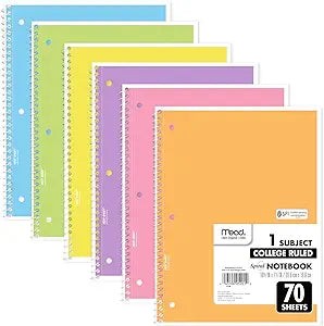 Mead Spiral Notebooks, 6 Pack, 1-Subject, College Ruled Paper, 8" x 10-12", 70 Sheets, Assorted Pastel Colors (830049)