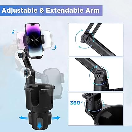 2 in 1 Large Cup Phone Holder Cupholder Extender for Car with Expandable Base, Cup Holder Expander for 18-40oz Drink Bottles, Mug and Phone Holder with 360 Adjustable Arm Fits All Smartphone