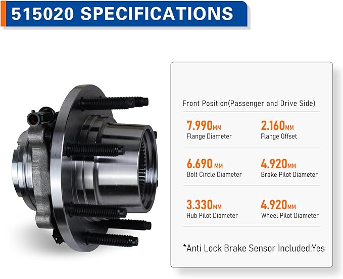 515020 Front 4WD Wheel Bearing Hub Assembly Compatible with 2000-2002 Ford Excursion, 1999-2004 Ford F-250 Super Duty 1999-2004 Ford F-350 8Lugs wABS