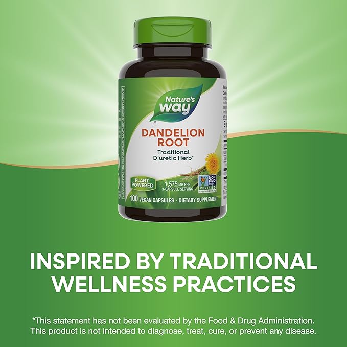 Nature's Way Dandelion Root, Traditional Diuretic Herb, Traditionally used to Soothe Digestive Upset, Vegan, 100 Capsules (Packaging May Vary)