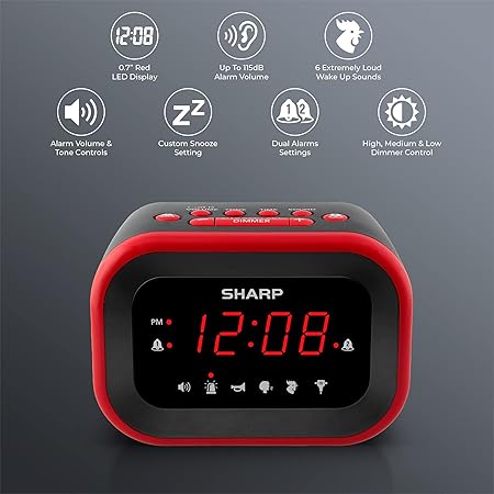 Sharp Big Bang Super Loud Alarm Clock for Heavy Sleepers, 6 Extremely Loud Wake Up Sounds: Rooster, Bugle, Nagging Mom, Jackhammer, Siren, Beep Up to 115db Volume, RedBlack with Red LED Display