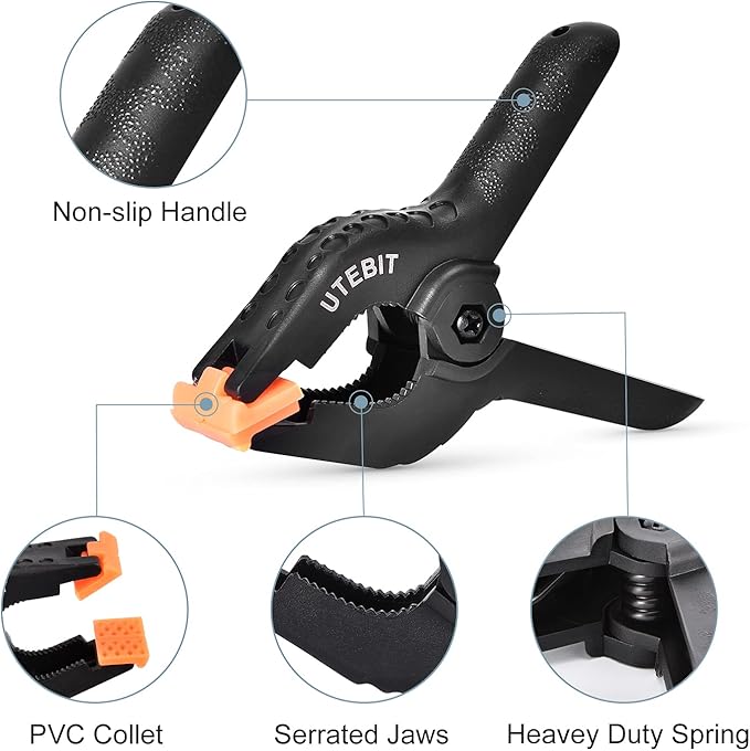 UTEBIT 8 Packs Spring Clamps 4 inch Backdrop Clips Portable Black Plastic Spring Clamp Heavy Duty Clips for Photo Studio, Woodwork, Artwork
