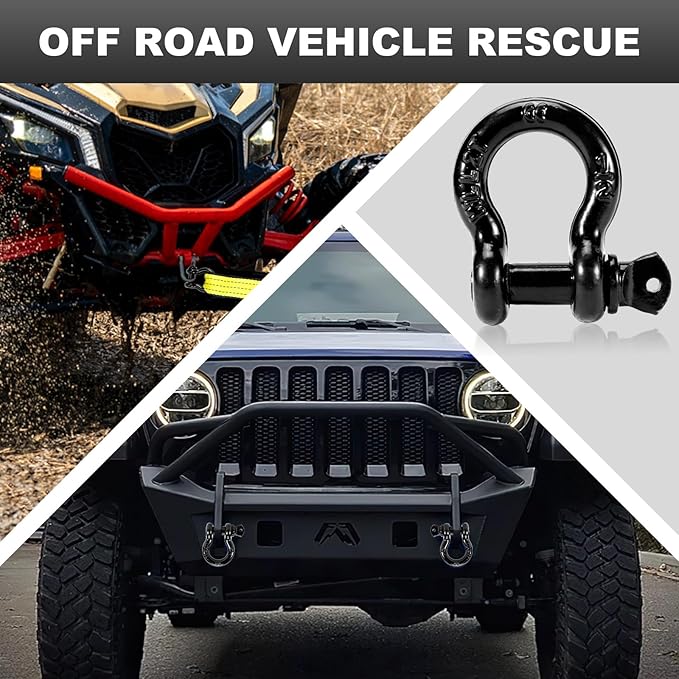 12" D Ring Shackles with 78" Screw Pin, 26,400 lbs Break Strength, Heavy Duty Clevis Shackles (Black) for Jeep, Truck, SUV, Trailer, ATV, UTV(2pcs)