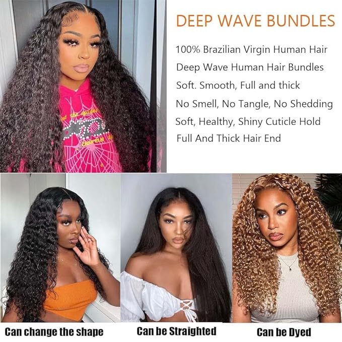 12A Deep Wave Human Hair Bundles Brazilian Virgin Deep Curly Bundles Human Hair 100 Unprocessed Virgin Raw Wet And Wavy Bundles Natural Black Color Water Wave Human Hair Bundles 26 Inch