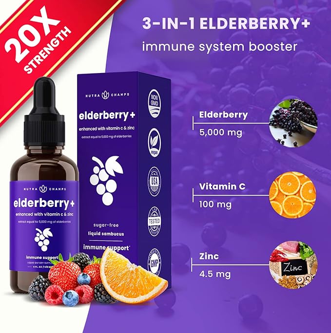 NutraChamps Organic Elderberry Syrup - 5000mg Elderberry Extract with Vitamin C Zinc - Black Elderberry Liquid Drops - Sugar-Free Immunity Booster, Vegan, Gluten-Free Elderberry Supplement