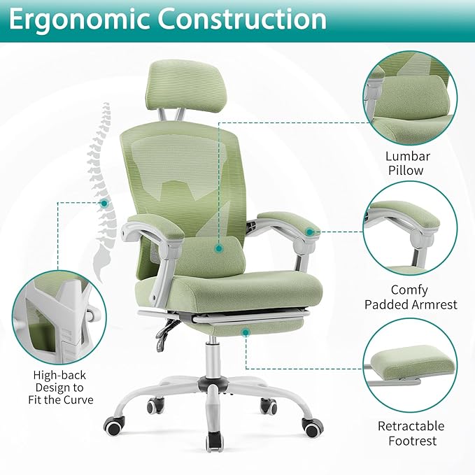 DUMOS Home Office Desk Chair with Footrest, High-Back Mesh Rolling Swivel Reclining Chairs with Wheels, Comfortable Headrest, Lumbar Support, Comfy Arms for Home, Office, Gaming, Student, Green