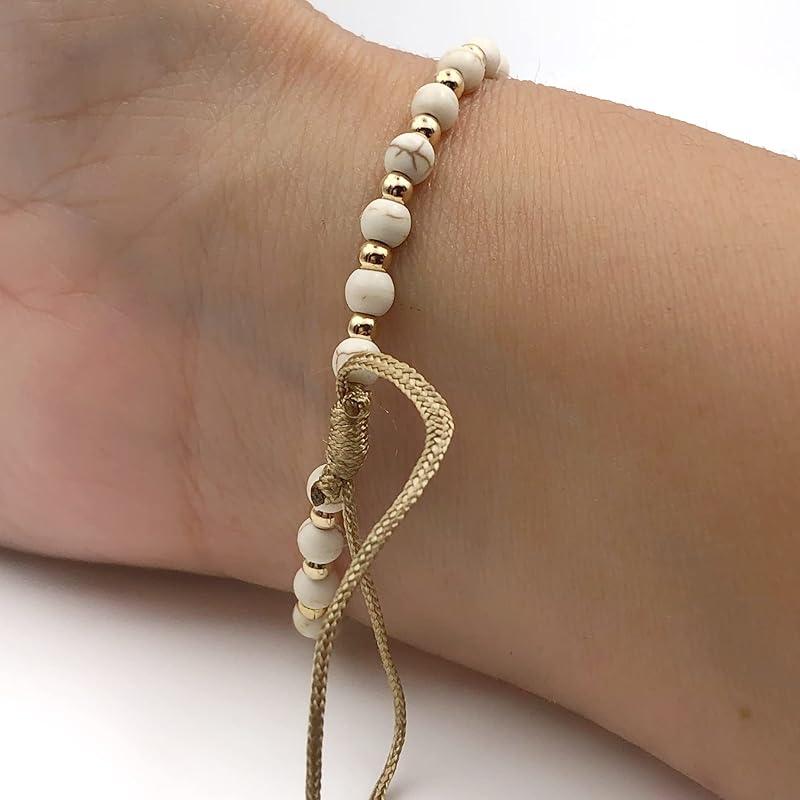 St Benedict Coin and Natural Round White Turquoise Beads Adjustable Bracelet for Women (Beige)