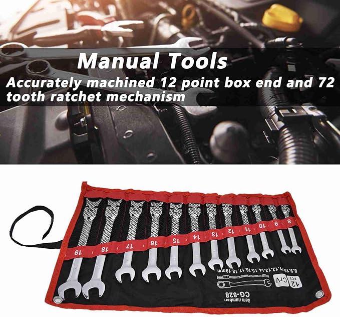 12Pcs Ratcheting Wrench Set, 8?19mm Ratchet Combination Wrenches Set,Metric Combination Chrome Steel 8?19mm with Storage Bag (movable head)