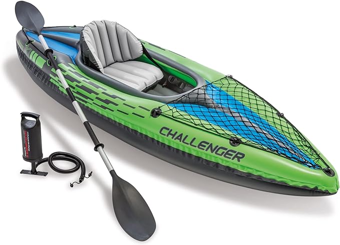 INTEX Challenger Series Inflatable Kayak: Includes 86-inch luxury kayak paddles and high-performance pump - Super strong PVC - Adjustable seat with backrest - Removable Skeg - Net of