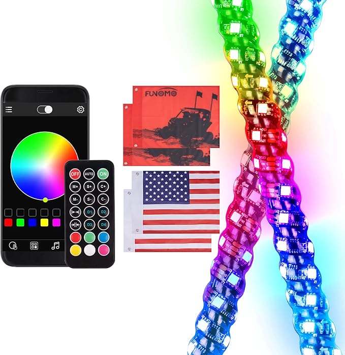 2PCS 4FT Led Whip Light with 4 Flags Weatherproof 360 Spiral Led Chase Light Bluetooth and Remote Control Lighted Antenna Whip for ATV, UTV, RZR, Buggy Dune(4FT 2PCS)