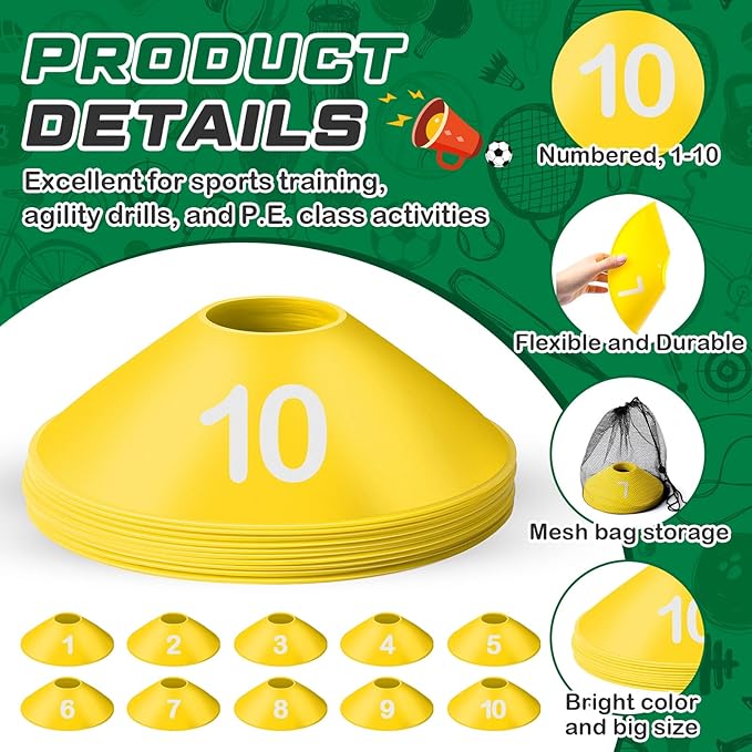 10 Pcs Numbered Sports Disc Cones 1-10 Soccer Cones with Mesh Carry Bag Flexible Agility Cones Soft Field Cones for Gym PE Classes School Activities Games, Sports Training Equipment