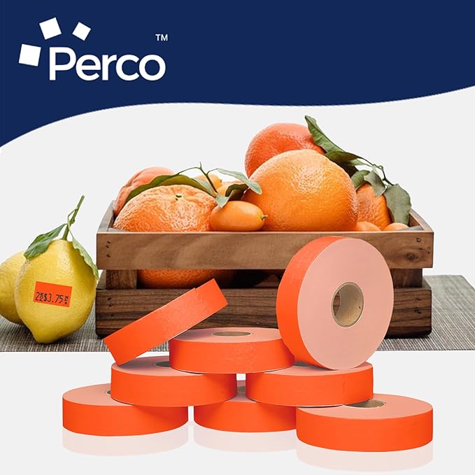 Perco Fluorescent Red Pricing Labels for Monarch 1131 Price Gun - 1 Sleeve, 8 Rolls, 20,000 Price Marking Labels - with Ink Roll Included