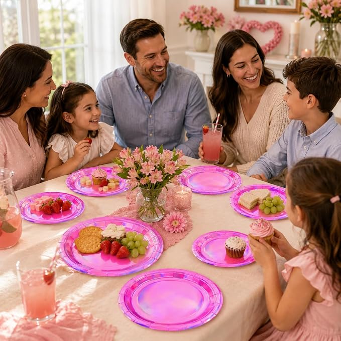 40PCS Hot Pink Birthday Plates, Holographic Iridescent Pink Party Plates Includes 20-9" & 20-7" Dinner Tableware for Birthday Disco Wedding Kpop Party