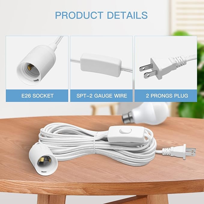 Simple Deluxe 20 Feet Extension Hanging Lantern Pendant Light Cord with E26 Socket, Featuring an OnOff Switch(Bulb Not Included), White1 Pack