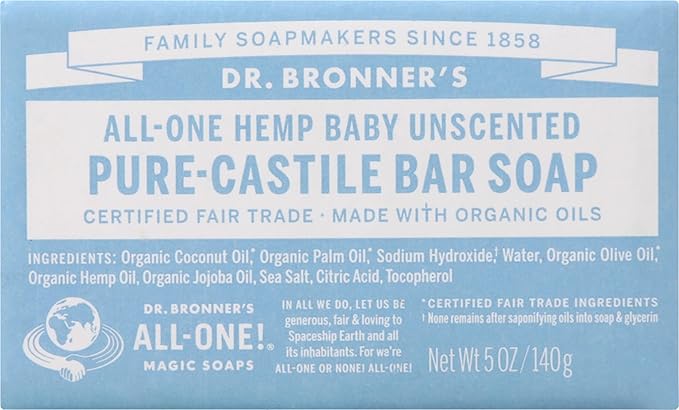 Dr. Bronners Castile Baby Unscented Bar Soap, 5 OZ
