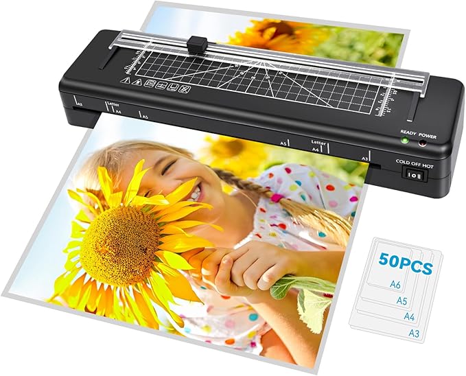Laminator Machine A3 Laminating Machine with Built-in Trimmer, Fast Warm-up 13 Inch Cold and Thermal Lamination with 50 Laminating Sheets, 5-in-1 Portable Laminators for Home Office School Use